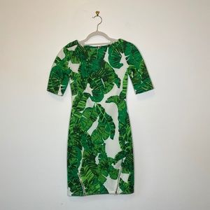 Green Palm Tree Print Bodycon Dress with Gold Zip Details